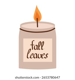 Queimando vela interior com o aroma de folhas de outono. Vetor de uma vela acesa para o conforto da casa