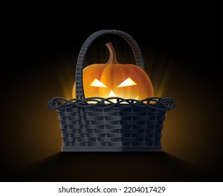 Quemando jack-o-lantern. Ilustración vectorial de la cesta de mimbre 3D con calabaza naranja chillón de miedo sobre fondo oscuro. Plantilla realista volumétrica aislada para tarjeta de saludo, banner de Halloween.