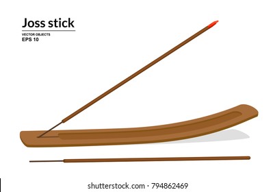 Burning joss stick. Wooden incense stick holder isolated on white background. Vector illustration