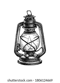 Burning kerosene lamp. Antique oil lantern. Ink sketch isolated on white background. Hand drawn vector illustration. Retro style.