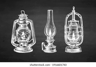 Burning kerosene lamps. Antique oil lantern. Chalk sketch on blackboard background. Hand drawn vector illustration. Retro style.
