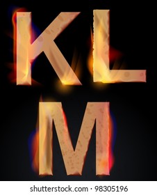 Burning KLM letters over dark,alphabet,vector illustration