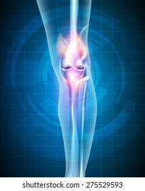 Burning knee, painful knee concept. Abstract blue technology background.