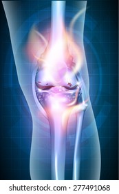 Burning leg knee joint on a abstract blue checkered background