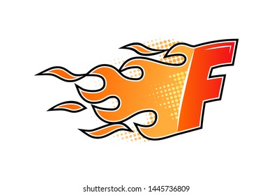 Burning letter F isolated on white background. Flame shape alphabet in flat style. Vector illustration.
