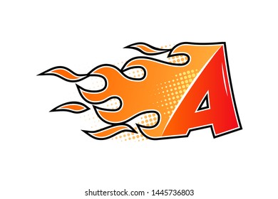 Burning letter A isolated on white background. Flame shape alphabet in flat style. Vector illustration.