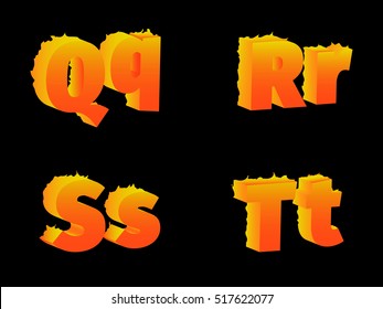 burning the letters Q, R, S, T, on a black background