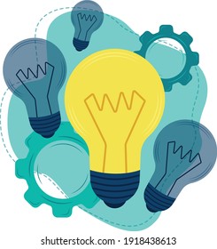 A burning light bulb among the extinct ones. Business concept of brainstorming, searching for ideas in the form of an included light bulb. Vector illustration in flat style