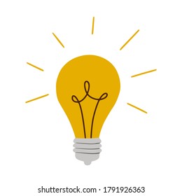 Una bombilla de luz en llamas de estilo plano. Un símbolo de nuevas ideas y comienzos. Estilo Doodle. Aislado sobre un fondo blanco. Ilustración de vector de color