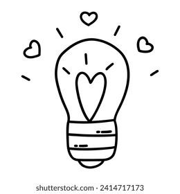 Burning light bulb with a heart inside. Valentines day concept. Black and white vector isolated illustration hand drawn doodle clip art. February 14, romance. Icon or card outline
