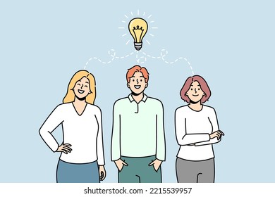 Burning light bulb over group of people standing together, colleagues like best solution of problem symbol. Brainstorming, teamwork. Businessman, businesswomen invent something. Vector illustration.