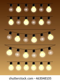 burning light bulbs hanging on wires. vector set