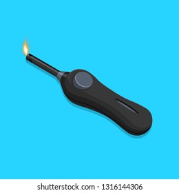 The burning lighter for gas stoves. Isometric icon.3D. The isolated element for design. A vector illustration in flat style.