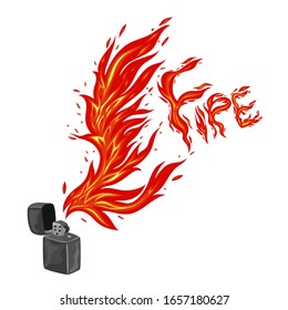 Burning lighter isolate on a white background, the inscription fire. Vector graphics.