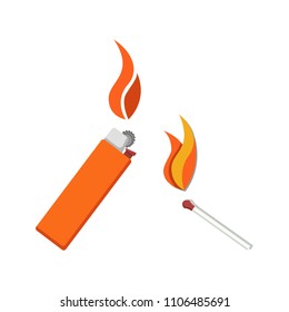 Burning lighter and match icon vector illustration isolated on white. Tools for starting fire. Small wooden stick and metal or plastic cigar-lighter