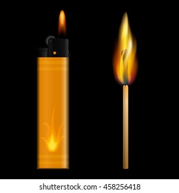 Burning lighter and match on black background