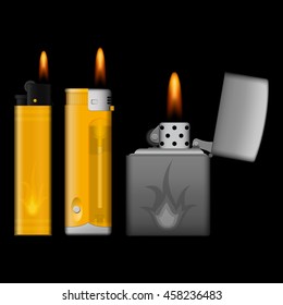 Burning lighters on black background