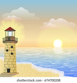 A burning lighthouse on the sandy seashore. Dawn or sunset at sea. Sea vector landscape can be used in newsletter, brochures, postcards, banner. 