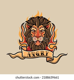 burning lion tattoo style with banner