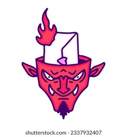Burning love letter inside a devil head, illustration for t-shirt, sticker, or apparel merchandise. With doodle, retro, and cartoon style.