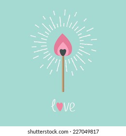 Burning Love Match With Orange Fire Light Shining Sunlight Effect. Love Card Flat Design Style. Vector Illustration