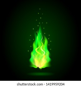 Burning magic fire green flame on black background. Vector transparent realistic bonfire fireball with special burning light effect with sparks. Translucent elements for game design and decoration