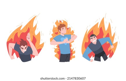 Burning Man Character Feeling Anger and Stress Vector Set