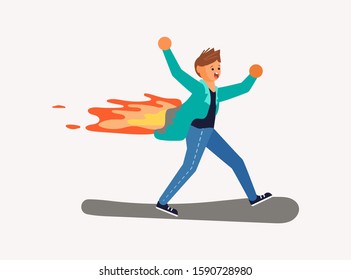 Burning man is running. Stuntman working on fire for make movie. Flat Art Vector Illustration