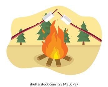 Burning marshmallow sticks on a forest campfire with friends camping together.Flat illustration