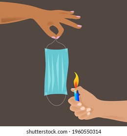 Burning the mask. No masks. Protective medical mask.The hand sets fire to the surgical mask. Destroy respirators. End of the coronavirus pandemic.