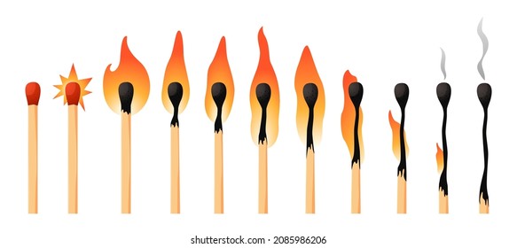 Burning match animation kit. Wood whole matchstick with sulfur head flaming stages from ignition to extinction. Sequence steps of combustion. Vector cartoon household wooden stick set