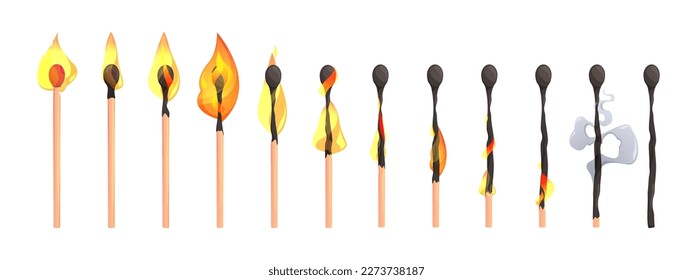 Burning match animation. Matchstick burnout stages, sequence steps of stick with sulfur combustion, cartoon animated kit. Vector isolated set. Bright flame or fire, flammable wooden sticks