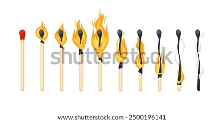 Burning match animation steps from a new match to a burned one with smoke