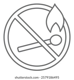 Burning match ban thin line icon, prohibited elements concept. Vector graphics. Fire flame on wooden match forbidden sign on white background, outline style icon for mobile or web design