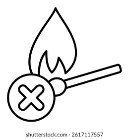 Burning match ban thin line icon, prohibited items concept. Vector graphics. Fire flame on wooden match forbidden sign on white background, linear style for mobile or design