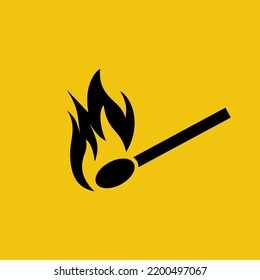 Burning match black icon. Vector illustration flat design. Isolated on yellow background. Wooden match with fire.