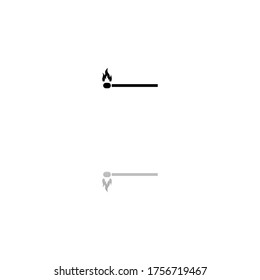 Burning match. Black symbol on white background. Simple illustration. Flat Vector Icon. Mirror Reflection Shadow. Can be used in logo, web, mobile and UI UX project