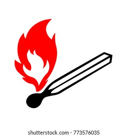 Burning match, black and white match icon with red flame, vector illustration.
