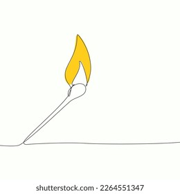 Burning match bright flame drawn by hand with a continuous line. Vector illustration of matchstick on in single line style.