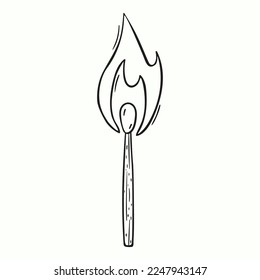 Burning match with bright flame hand drawn. Vector illustration of matchstick in sketch style.