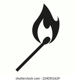 Burning match with bright flame. Vector silhouette icon matchstick.