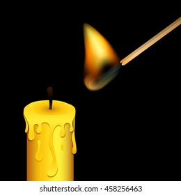 Burning match and candle on black background