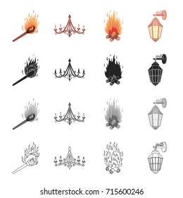 Burning match, chandelier, light from the fire, street lamp. Light source set collection icons in cartoon black monochrome outline style vector symbol stock illustration web.