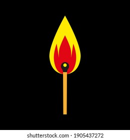 A burning match. Colored vector icon in a flat style. A match with fire, isolated on a black background. Illustration of a matchstick for web design, prints, cards, posters, and danger signs.