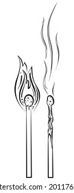 Burning match with fire, burnt matchstick. Hand drawn vector illustration with black outline isolated on white background. Elements for coloring book, icon and logo.