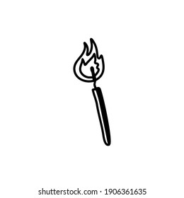 Burning match with fire. Flammable object. Linear doodle style. Vector on isolated white background. For printing on cards, invitations, tattoos, fashion design.