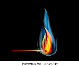 Burning match, with fire, on a dark background.