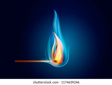 Burning match, with fire, on a dark background.
