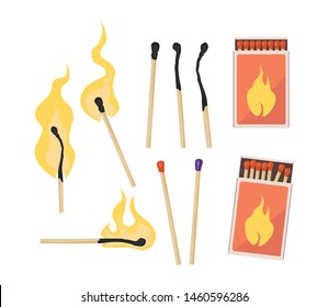 Burning match with fire, opened matchbox, burnt matchstick. Set of matches. Flat design style. Vector illustration isolated on white background.