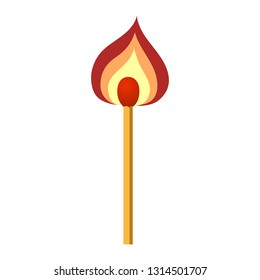 Burning match with flame isolated on white background. Flat vector icon for web, apps.